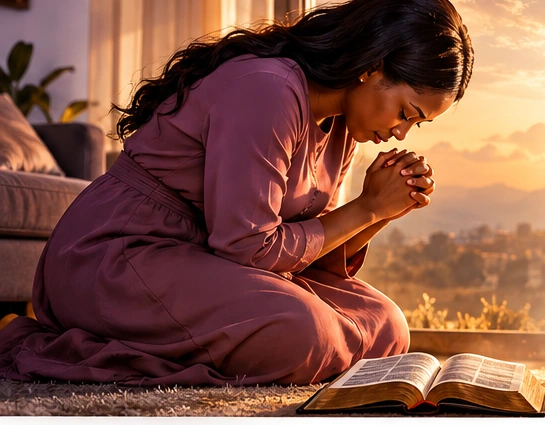 A woman kneeling in prayer beside an open Bible